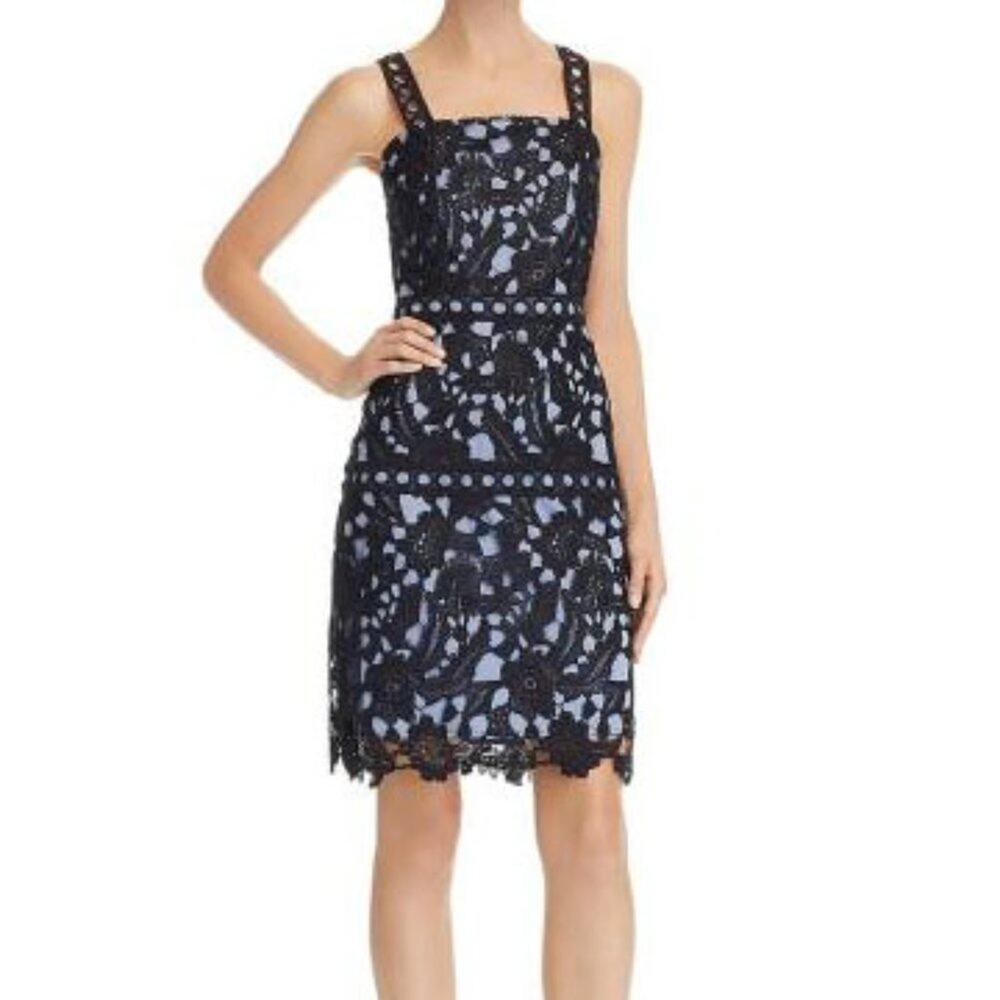 Sam Edelman Black Lace Overlay Knee Dress Women's 2 Square Neck Dusty Blue NWT